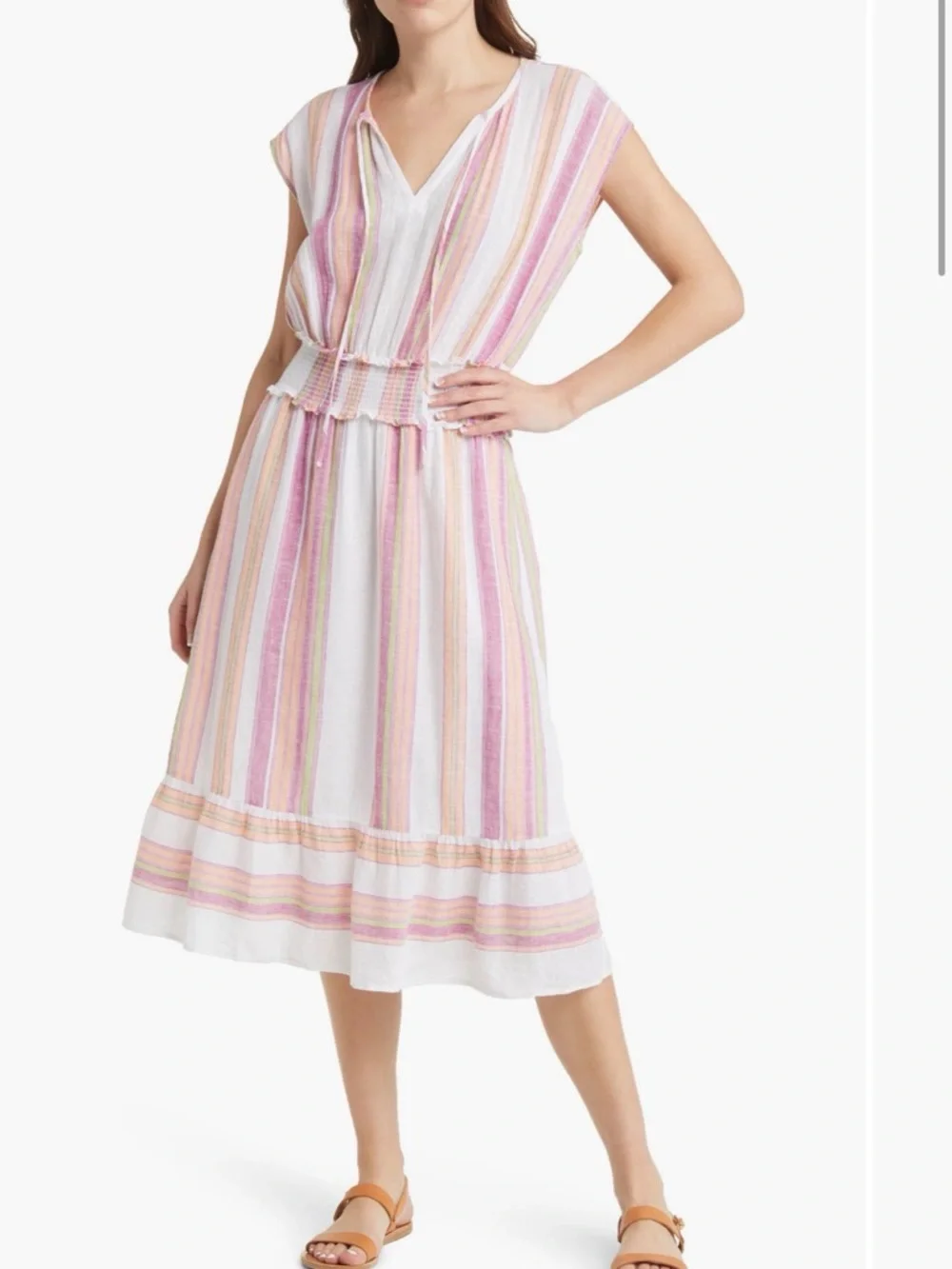 Rails Pink & Cream Striped Smocked-Waist Midi Spring/Summer Dress - Picture 2 of 12